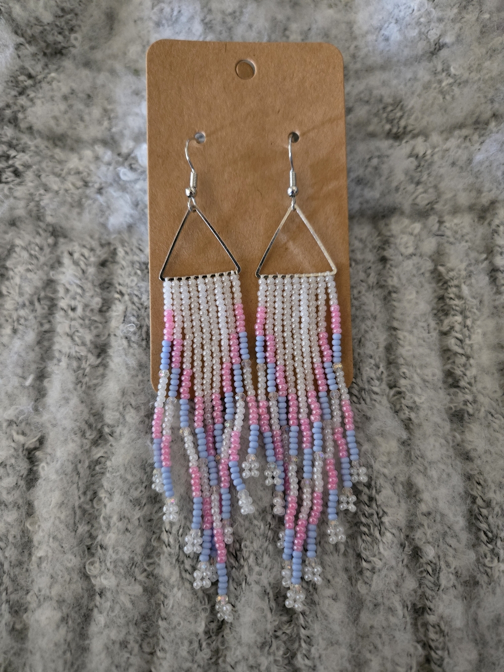 Triangular Beaded Fringe Earrings - Pink, Light Blue & White